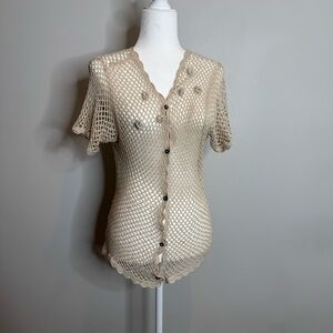 VTG Y2K Boho Crochet Blouse Medium Cottagecore Coastal Grandma Open Knit Beach